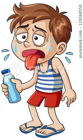 Thirsty Boy Holding Water Bottle Cartoon Illustration 129268558