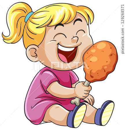 Smiling Girl Enjoying Large Fried Chicken Drumstick 129268571