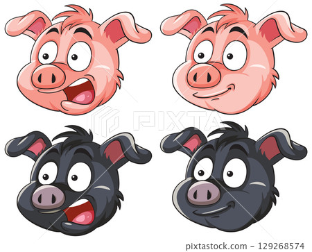 Cartoon Pig Faces With Varied Expressions Vector Set 129268574