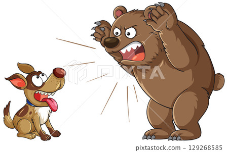 Cartoon Bear Roaring at Playful Dog Cartoon Bear Roaring at Playful Dog 129268585