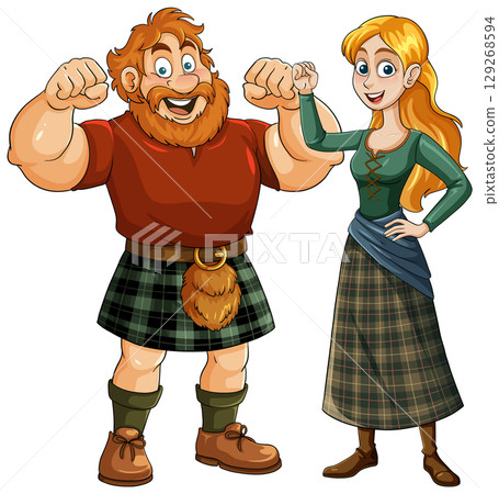 Scottish Man and Woman in Traditional Highland Attire 129268594