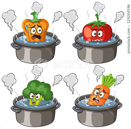 Cartoon Vegetables with Faces Boiling in Pots 129268596