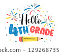 Hello 4th Grade Back to School colorful fun vector illustration with text, pencil, and fireworks. Fourth grade classroom decor, poster, sublimation. Welcome back to school 129268735
