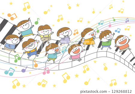 孩子們在鋼琴鍵和音符上玩耍的插圖 129268812
