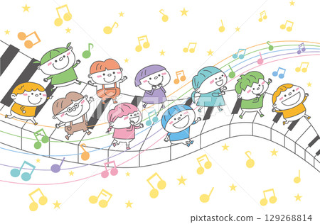 孩子們在鋼琴鍵和音符上玩耍的插圖 129268814