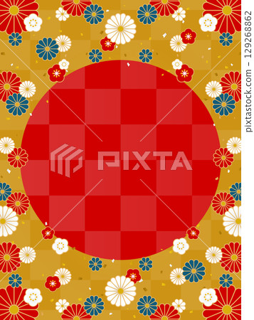 Frame material (portrait) with Japanese-style flowers scattered on a gold checkered background Frame material (portrait) with Japanese-style flowers scattered on a gold checkered background 129268862
