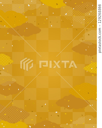 Gold checkered and Japanese pattern cloud background/frame material (portrait) 129268866