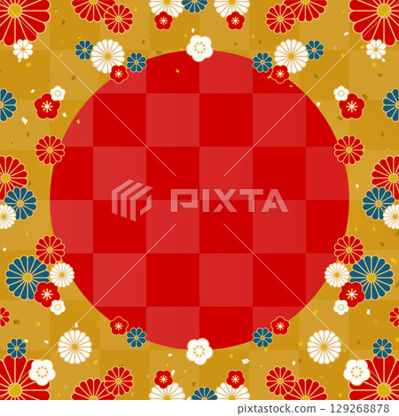 金色格紋背景上散佈著日式花朵的框架材料（方形） 129268878