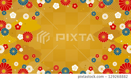 Golden checkered pattern and Japanese-style clouds, floral background, frame material (landscape 16:9) Golden checkered pattern and Japanese-style clouds, floral background, frame material (landscape 16:9) 129268882