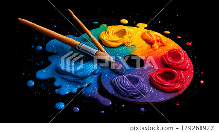 artist's palette morphing into a universe of stars and galaxies 129268927