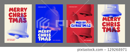 Vibrant Christmas posters with halftone bells and bold typography in red and blue color variations. Perfect for festive cards, seasonal party invitations, and retro holiday marketing. Vibrant Christmas posters with halftone bells and bold typography in red and blue color variations. Perfect for festive cards, seasonal party invitations, and retro holiday marketing. 129268971