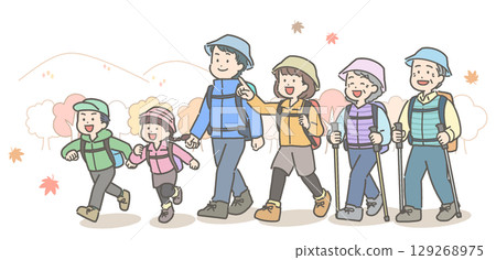 Illustration of a three-generation family hiking 129268975