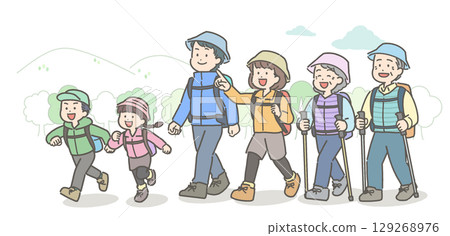 Illustration of a three-generation family hiking Illustration of a three-generation family hiking 129268976