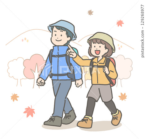 一對年輕夫婦徒步旅行的插圖 一對年輕夫婦徒步旅行的插圖 129268977