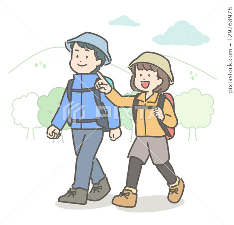 一對年輕夫婦徒步旅行的插圖 129268978