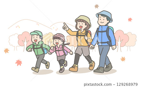 一個年輕家庭徒步旅行的插圖 129268979
