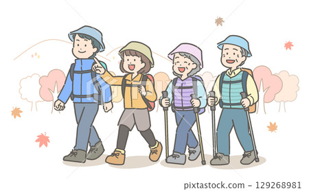 Illustration of a family enjoying a hike amidst the autumn foliage. 129268981