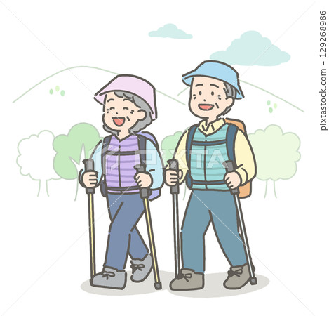 一對老年夫婦徒步旅行的插圖 一對老年夫婦徒步旅行的插圖 129268986