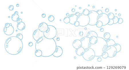 Line drawing soap bubbles collection. Blue water bubbles with sparkle effect in doodle style. Vector outline for bath product branding, soda drink ads, or hygiene educational visuals. Line drawing soap bubbles collection. Blue water bubbles with sparkle effect in doodle style. Vector outline for bath product branding, soda drink ads, or hygiene educational visuals. 129269079