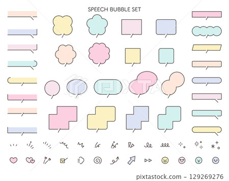 A vector illustration set of simple speech bubbles and icons. Speech bubbles, frames, decorative elements, ornaments, and concentrated lines 129269276