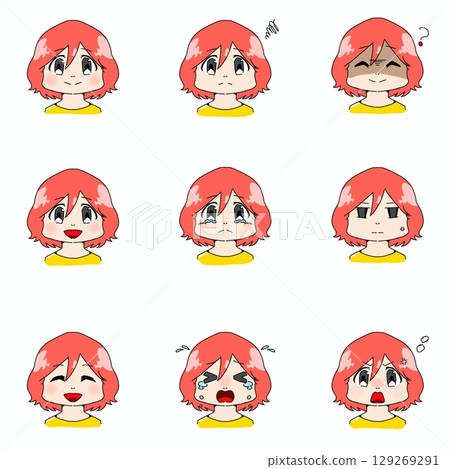 Various facial expressions set (front view) | Illustration of a red-haired girl with a wide range of emotions Various facial expressions set (front view) | Illustration of a red-haired girl with a wide range of emotions 129269291