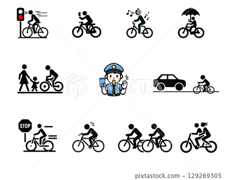 A collection of rule icons for dangerous bicycle behavior, traffic violations, and blue tickets 129269305