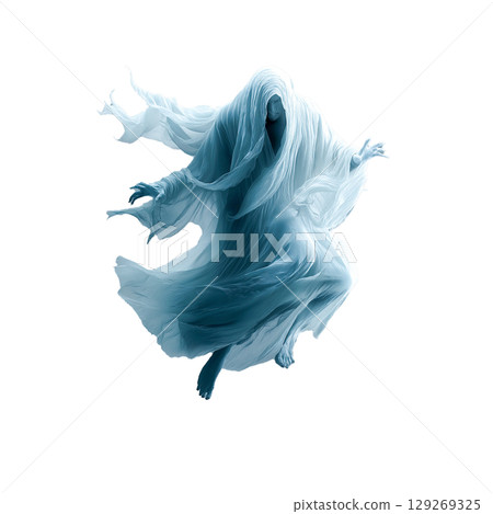 A mystical image of a ghost or figure wrapped in flying translucent white fabric, on a perfectly white background. The figure hovers in the air, and the fabric creates dynamic, wavy shapes. The image A mystical image of a ghost or figure wrapped in flying translucent white fabric, on a perfectly white background. The figure hovers in the air, and the fabric creates dynamic, wavy shapes. The image 129269325