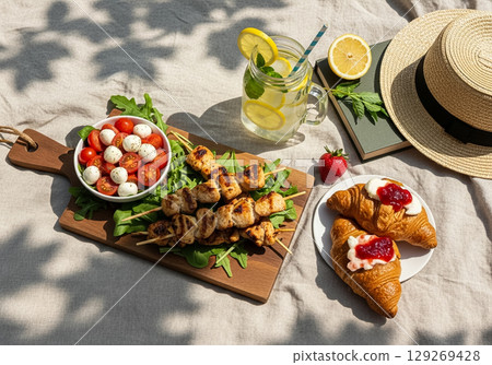 Sunny Picnic with Grilled Skewers and Croissants Sunny Picnic with Grilled Skewers and Croissants 129269428