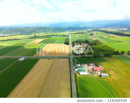 Aerial view of the rural landscape in Imakane Town, Hokkaido in summer 129269599