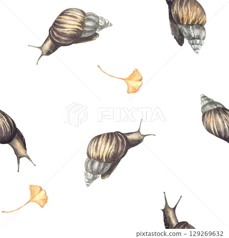 Watercolor Snail with ginkgo leaf seamless pattern. Slug design realistic hand painted illustration. Cochlea with yellow gingko leaves. Clipart for fabric, cosmetic packaging Isolated from background. 129269632
