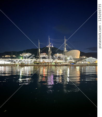 Illuminated yacht harbor at night 129269735