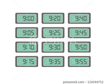 Digital numbers 9:00 to 9:55 clock illustration set Digital numbers 9:00 to 9:55 clock illustration set 129269752