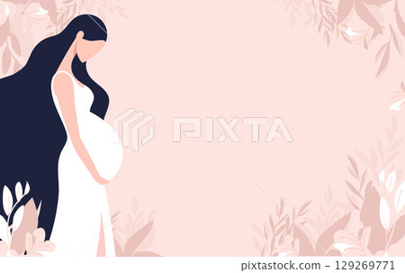 Pregnant woman with long hair in white dress on floral background. Flat vector illustration. Motherhood and maternity concept. Design for greeting, card, invitation, poster with copy space Pregnant woman with long hair in white dress on floral background. Flat vector illustration. Motherhood and maternity concept. Design for greeting, card, invitation, poster with copy space 129269771