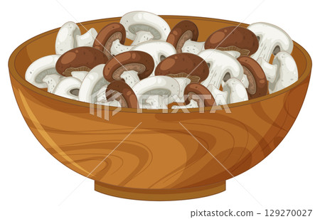 Sliced White and Brown Mushrooms in Wooden Bowl Sliced White and Brown Mushrooms in Wooden Bowl 129270027