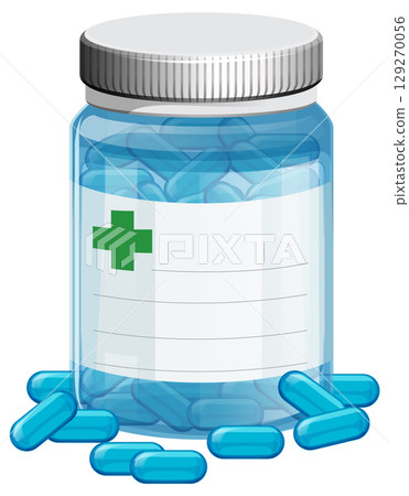 Prescription Pill Bottle with Blue Capsules and Blank Label 129270056
