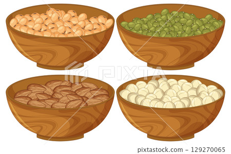 Four Wooden Bowls Filled With Different Nuts and Beans Four Wooden Bowls Filled With Different Nuts and Beans 129270065