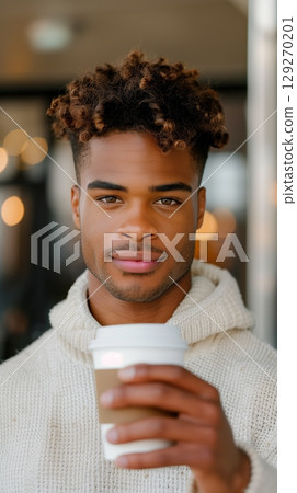 Confident male professional enjoying takeaway coffee, leaning against cafe window with relaxed urban background, wearing casual fashionable attire 129270201