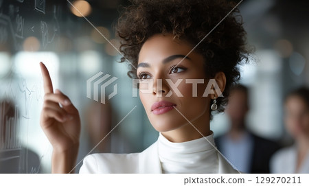 Confident young businesswoman pointing at a glass board while planning company strategy, visualizing project tasks and data analysis with her focused team 129270211