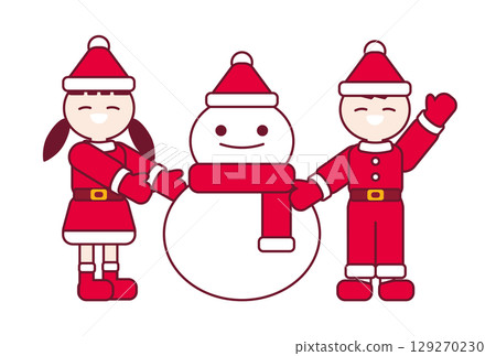 穿著聖誕老人服裝的孩子堆雪人 129270230