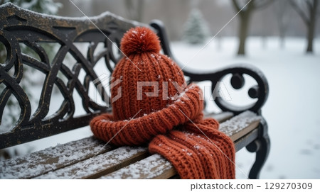 Warm Knit Wool Scarf and Hat Set on Snowy Bench 129270309