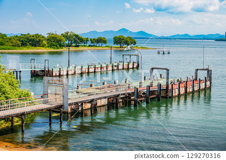 Tourist boat pier in front of the Lake Biwa Bridge Rice Plaza Roadside Station, Otsu City, Shiga Prefecture 129270316