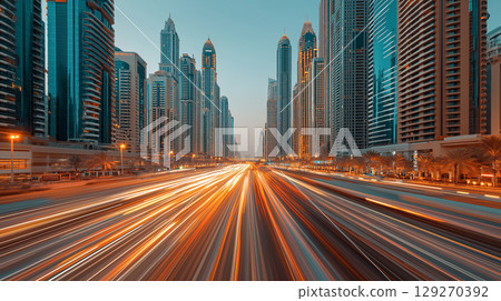 Long exposure photo of a bustling cityscape with light trails from traffic flowing between futuristic skyscrapers at dusk, creating a dynamic urban scene. 129270392