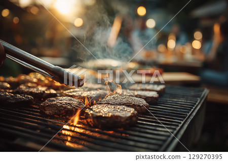 Juicy burgers sizzling on a grill at a lively outdoor BBQ. Flames rise as tongs flip the patties, capturing the warmth and joy of a summer evening cookout. 129270395