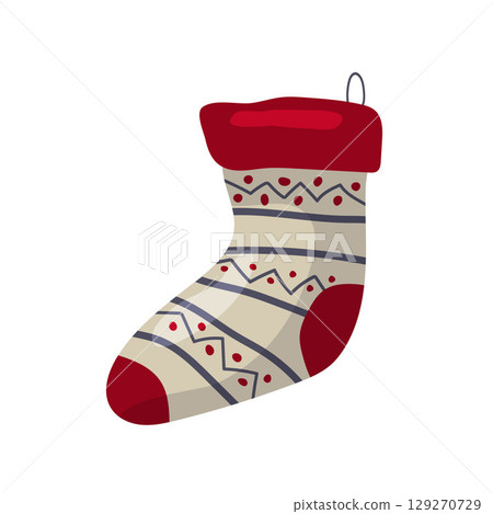 Decorative holiday stocking with red accents and intricate patterns hanging on display 129270729