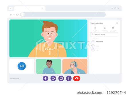 illustration of online team meeting with speaker and participants on screen user interface collaborative digital workspace perfect for remote work virtual conferences and online learning 129270744