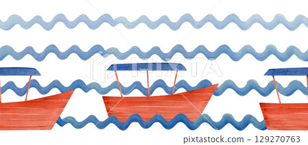Simple red-brown fishing boat with a blue canopy on wavy background. Hand-painted watercolor. Great for travel design, kids books, summer branding, packaging, textile prints, marine-themed decorations 129270763
