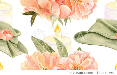 Peach peonies, leaves, hat, a lit candle, watercolor seamless pattern isolated on white. Hand painted clip art perfect for romantic designs, stickers, invitations, branding, packaging, greeting cards 129270769