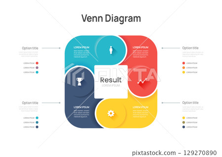 Venn diagram business infographic circle chart template 4 options, presentation with venn diagram elements vector illustration. Venn diagram business infographic circle chart template 4 options, presentation with venn diagram elements vector illustration. 129270890