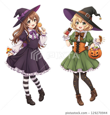cute halloween witch girl holding pumpkin basket, anime style, transparent background, PNG sticker, halloween costume, trick or treat. 129270944