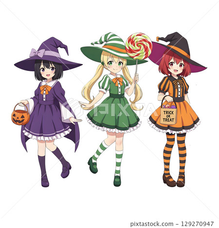 cute halloween witch girl holding pumpkin basket, anime style, transparent background, PNG sticker, halloween costume, trick or treat. 129270947